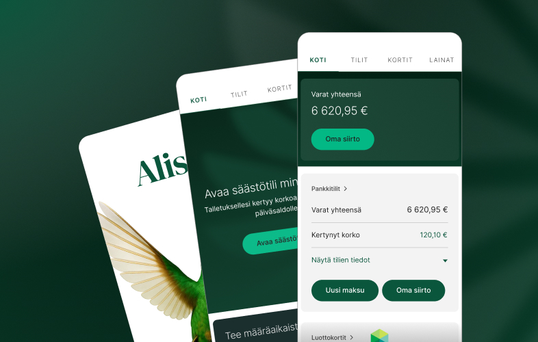 Kolme näkymää Alisa Pankin mobiilisovelluksesta tummanvihreällä taustalla: aloitussivu, säästötilin avaaminen, kotinäkymä