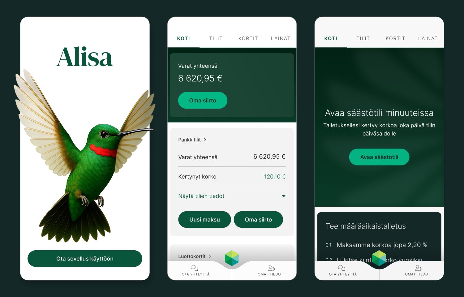Kolme kuvaa Alisa Pankin mobiilisovelluksesta: aloitusnäkymä, kotinäkymä, säästötilin avaaminen