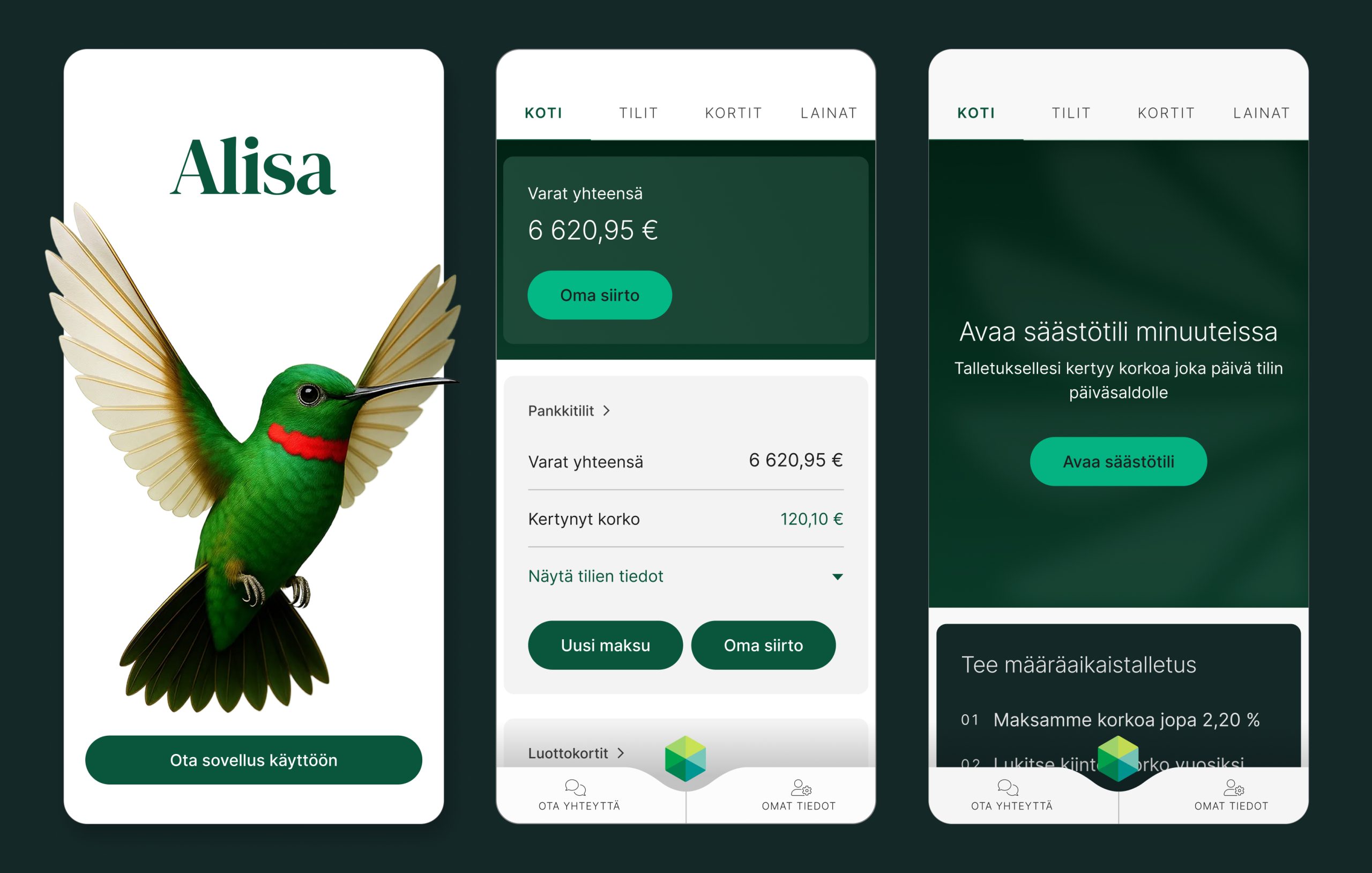 Kolme kuvaa Alisa Pankin mobiilisovelluksesta: aloitusnäkymä, kotinäkymä, säästötilin avaaminen