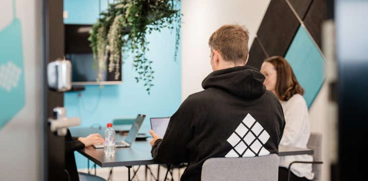 Tummia salmiakinmuotoisia seinälevyjä turkoosissa neuvotteluhuoneessa – Digitaalinen liiketoiminta