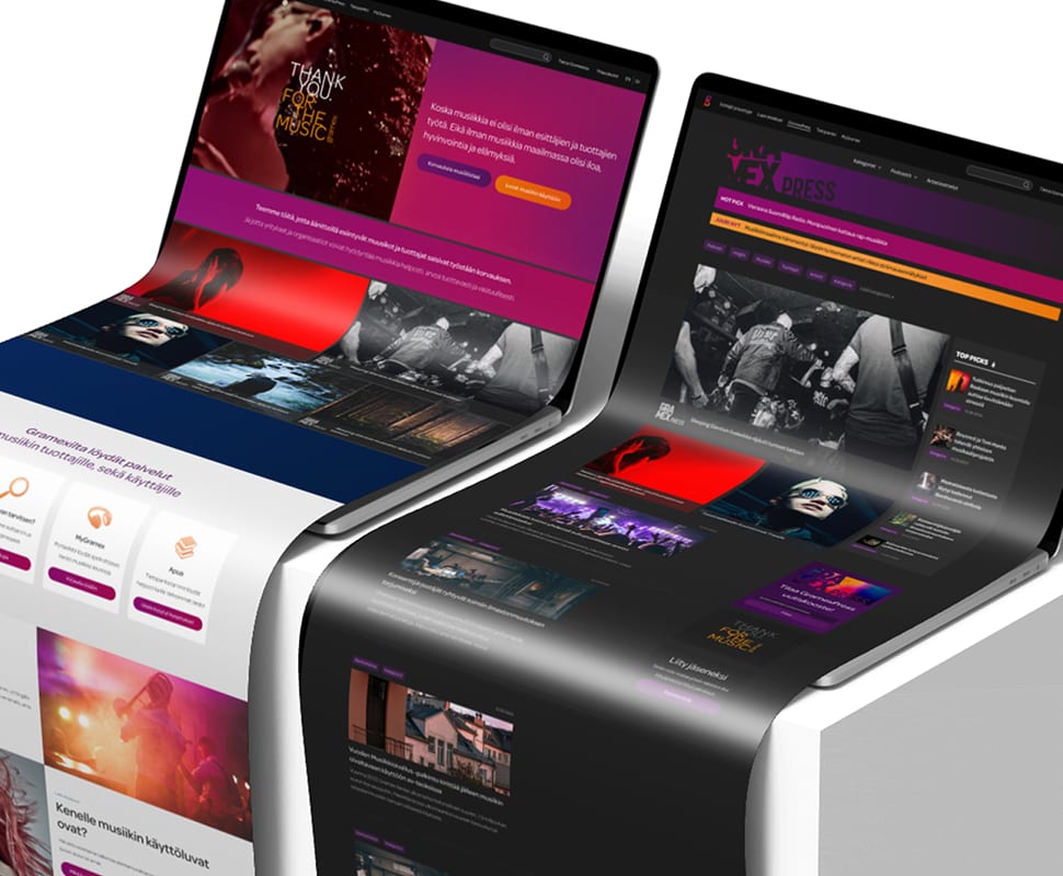 The Gramex website redesign by Sofokus on laptops