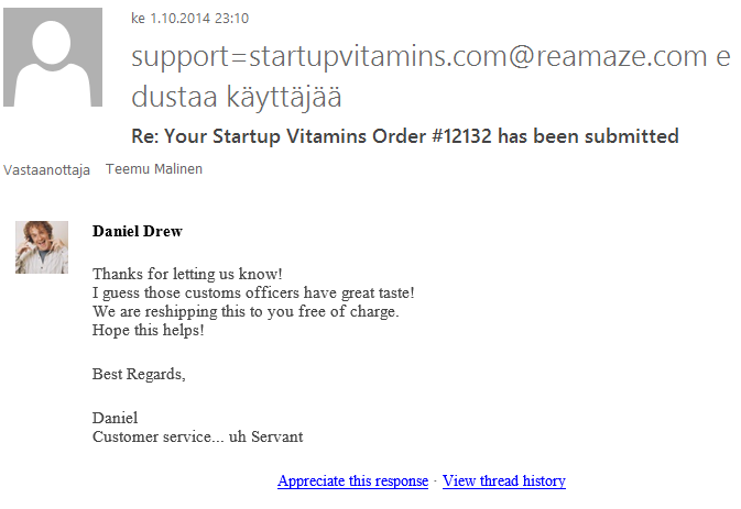 startup vitamins - first customer service email presenting a hero of e-commerce