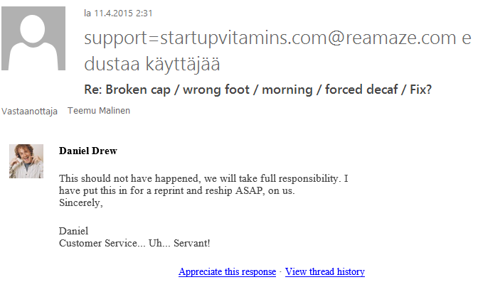 Startup Vitamins 2nd customer service email