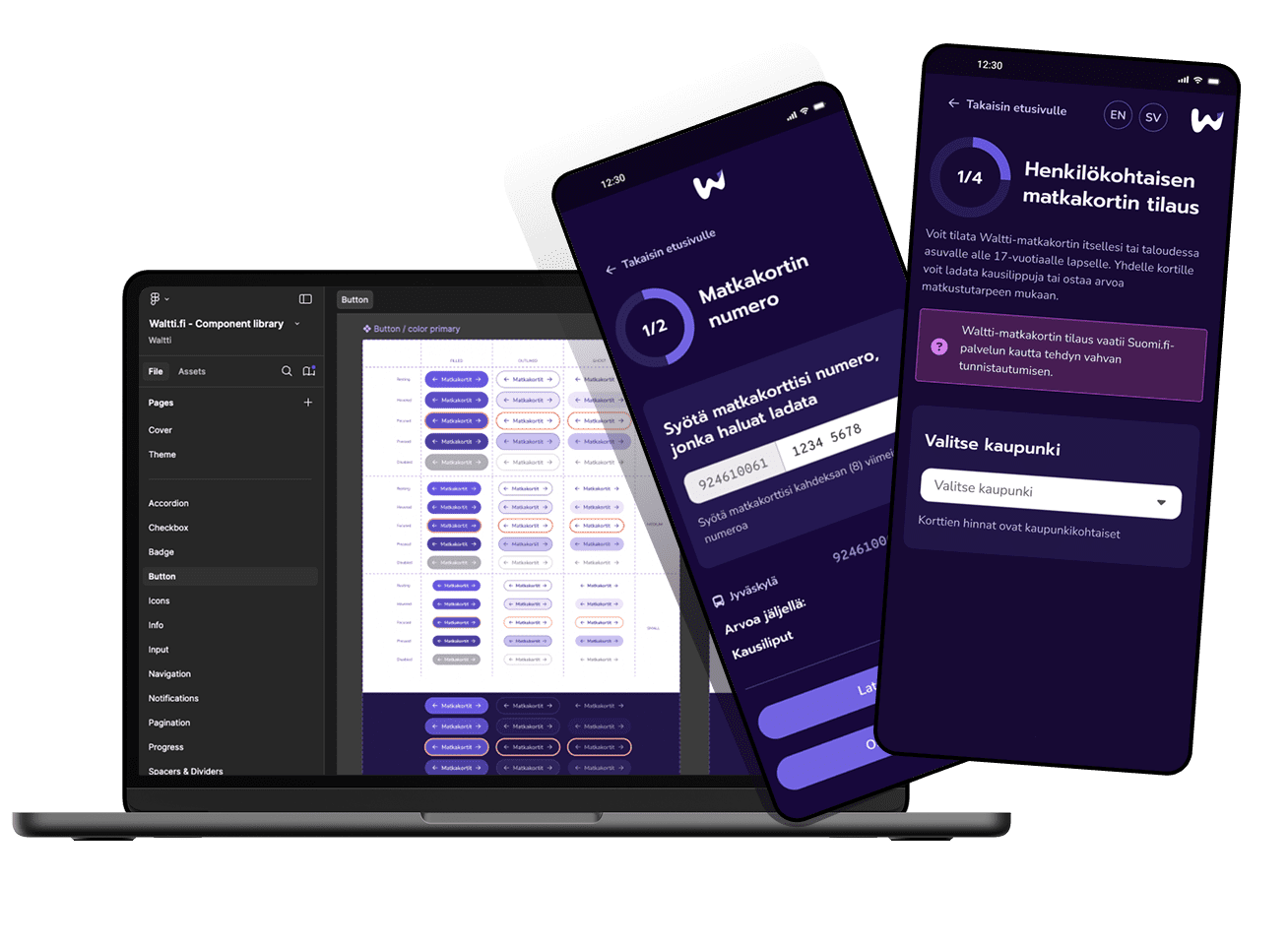 UX/UI-suunnittelu | Kuvassa tietokone ja kaksi puhelinta, joiden näytöillä näkyy design-system ja valmis käyttöliittymä.